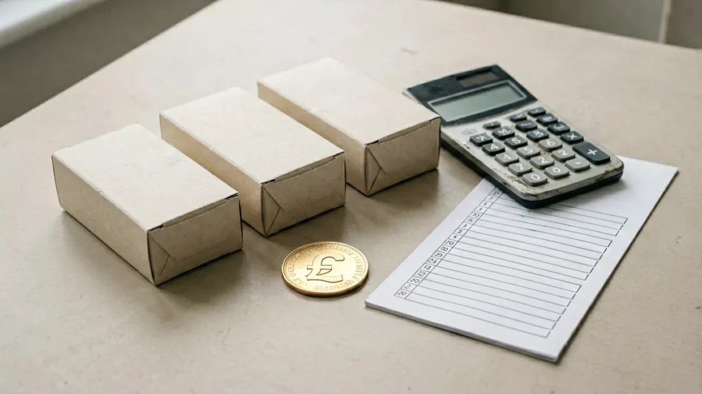 Unbranded carton boxes, a calculator and a dated checklist on a desk