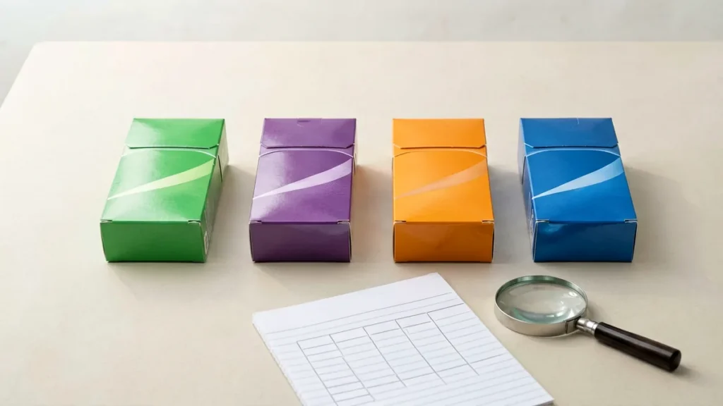 Four unbranded carton boxes with colour accents beside a comparison notepad and magnifying glass