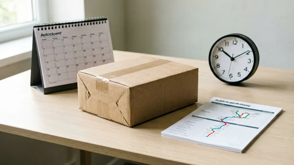 Unbranded parcel beside a calendar, clock and route tracking sheet