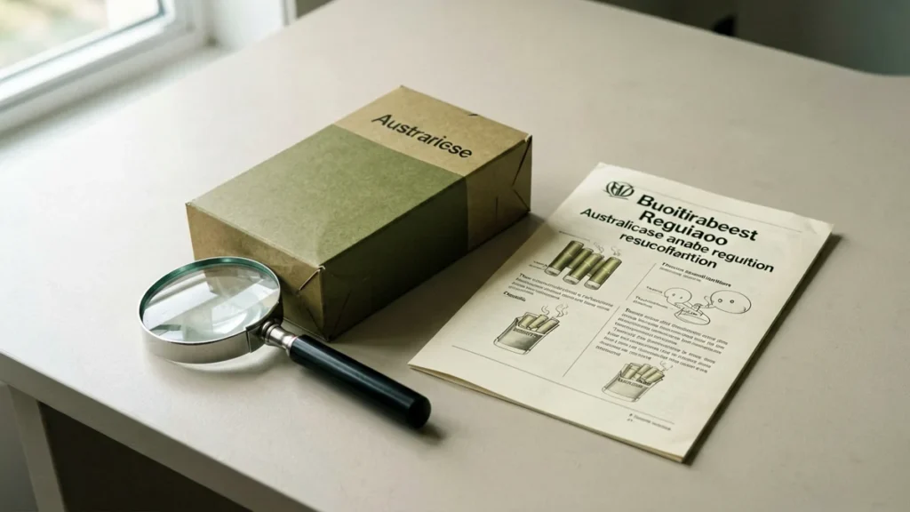 Generic olive-brown package beside a magnifying glass and information leaflet