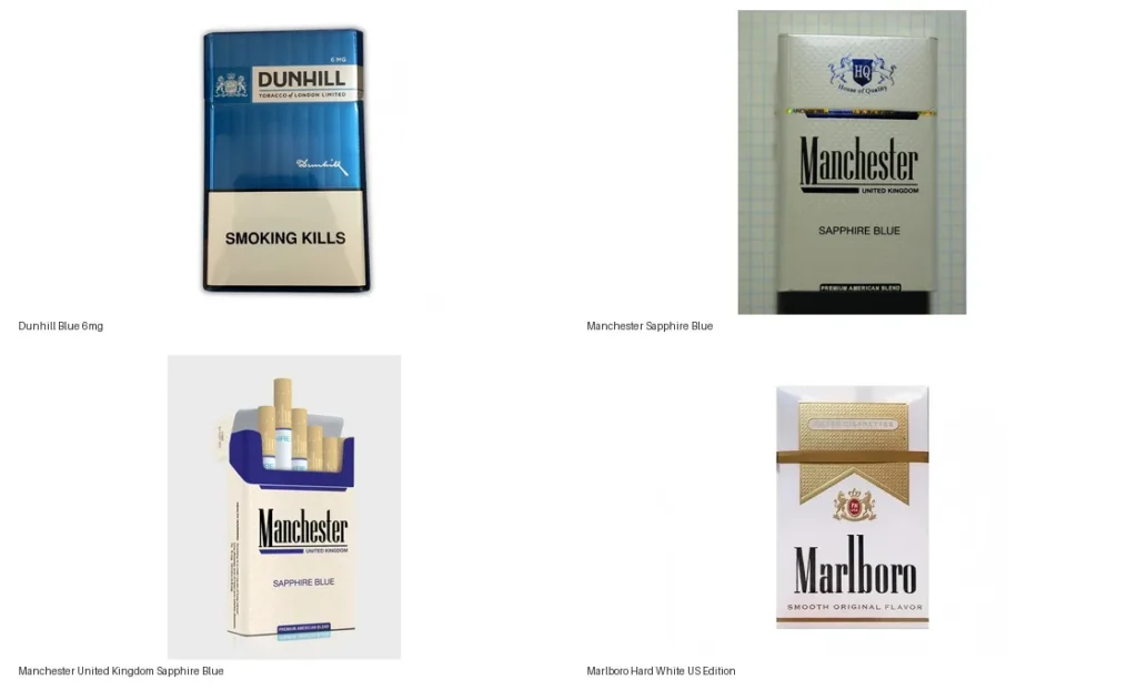 Four Texvilo blue cigarette carton product images arranged in a comparison grid