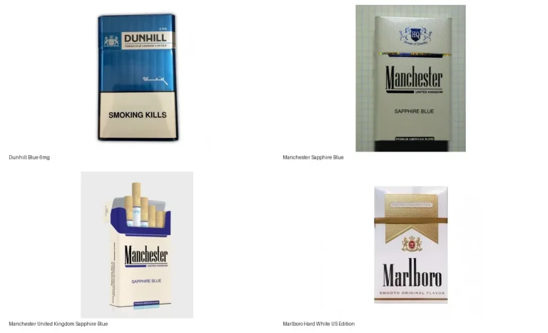 Four Texvilo blue cigarette carton product images arranged in a comparison grid