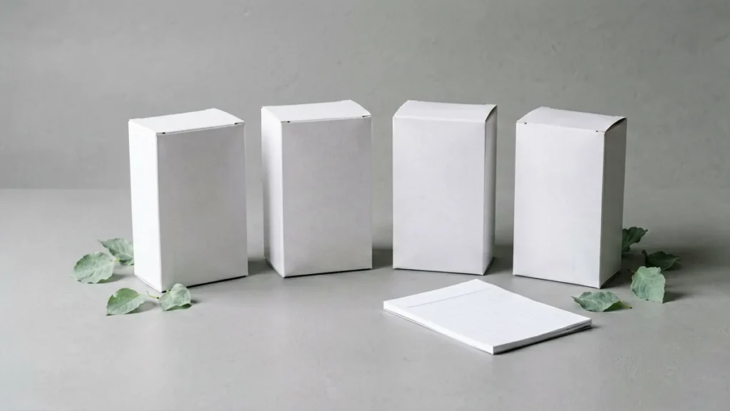Unbranded plain cartons with mint leaves and a comparison notepad on a grey table
