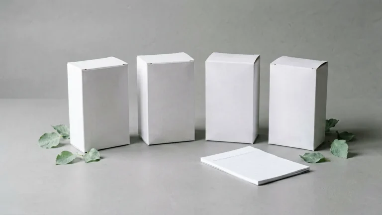 Unbranded plain cartons with mint leaves and a comparison notepad on a grey table