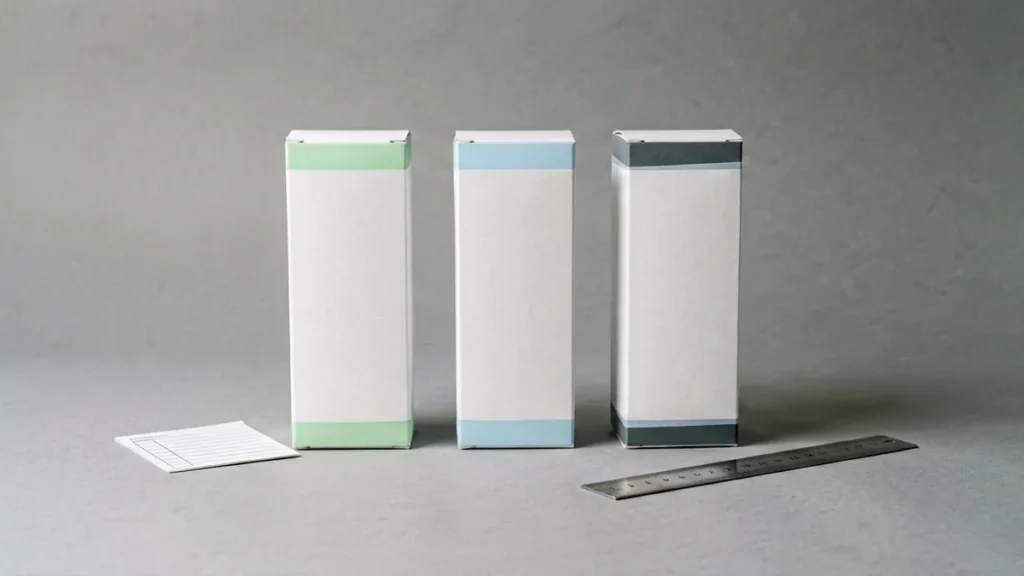 Three unbranded slim package shapes beside a ruler and comparison card