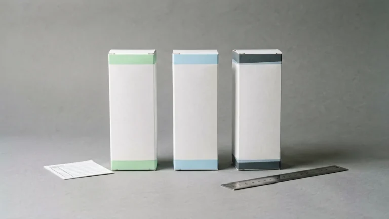 Three unbranded slim package shapes beside a ruler and comparison card
