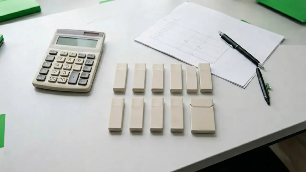 Calculator, blank worksheet and ten neutral markers arranged on a desk