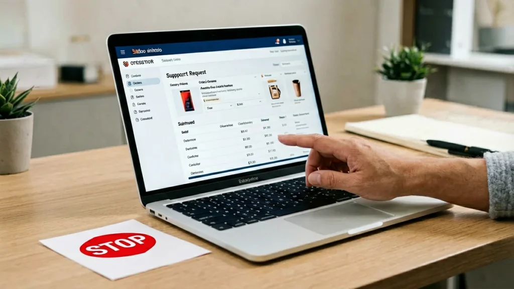 Adult online shopper reviewing an order summary before contacting support