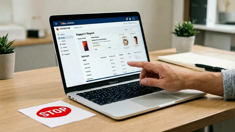 Adult online shopper reviewing an order summary before contacting support