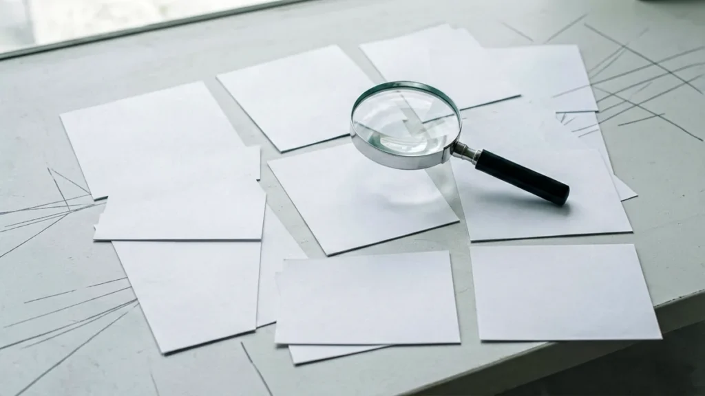 Unbranded catalogue cards on a desk with a magnifying glass
