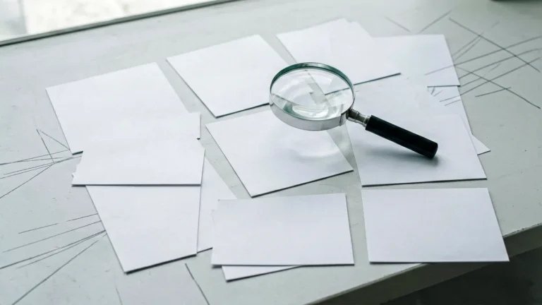 Unbranded catalogue cards on a desk with a magnifying glass