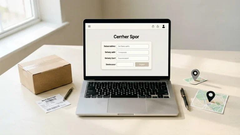 Editorial flat-lay of an online order confirmation page, a corrected paper address label and a parcel, illustrating a delivery address change after ordering