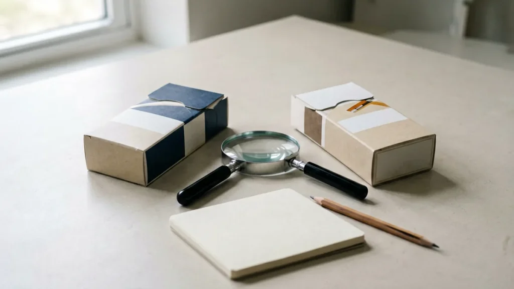 Two unbranded rectangular boxes beside a magnifying glass and blank notebook on a desk