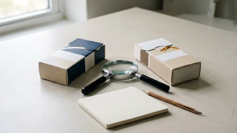 Two unbranded rectangular boxes beside a magnifying glass and blank notebook on a desk