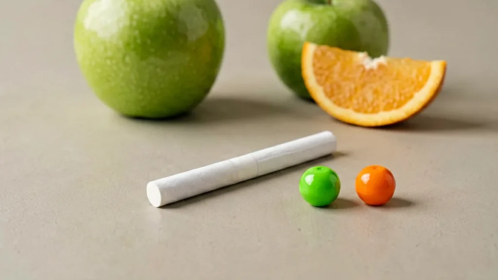 A plain white filter cigarette beside green and orange flavour capsules, a green apple and an orange slice on a light studio surface