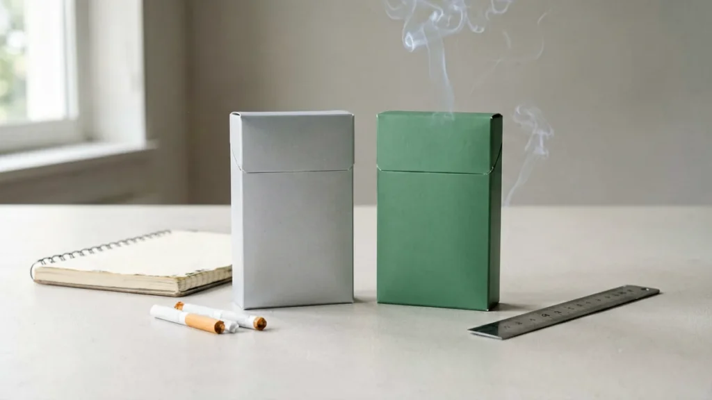 Two unbranded slim carton shapes in grey and green beside a comparison notebook