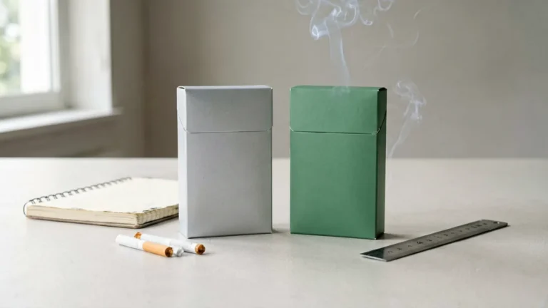 Two unbranded slim carton shapes in grey and green beside a comparison notebook