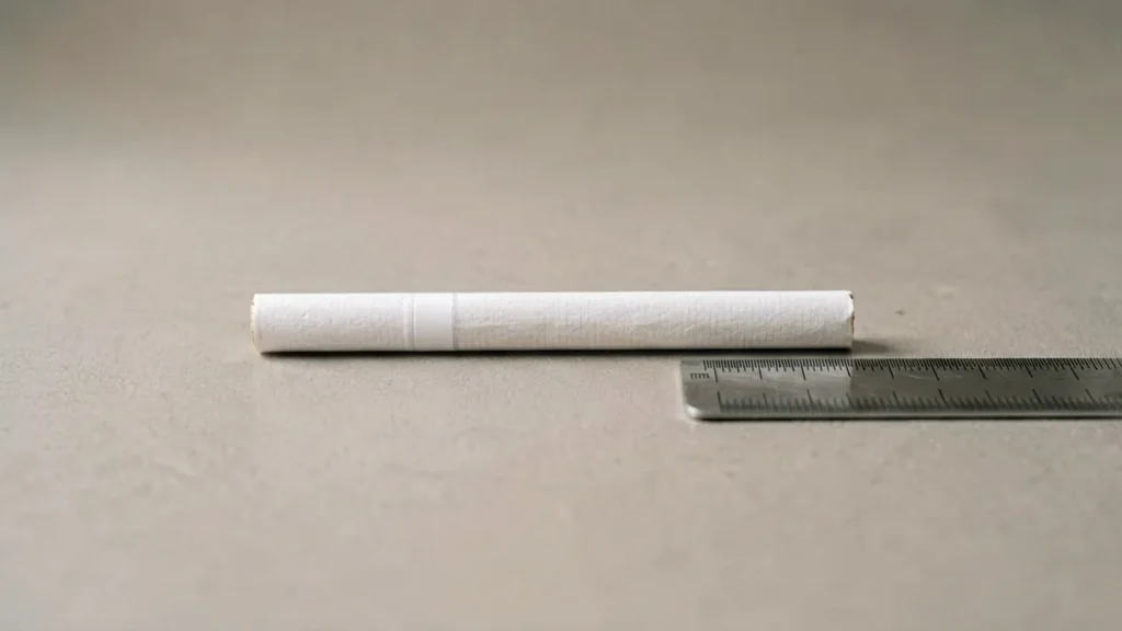 Editorial still-life of a single unbranded super-slim cigarette beside a ruler on a neutral surface