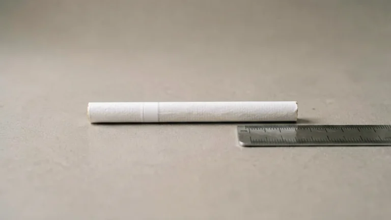 Editorial still-life of a single unbranded super-slim cigarette beside a ruler on a neutral surface