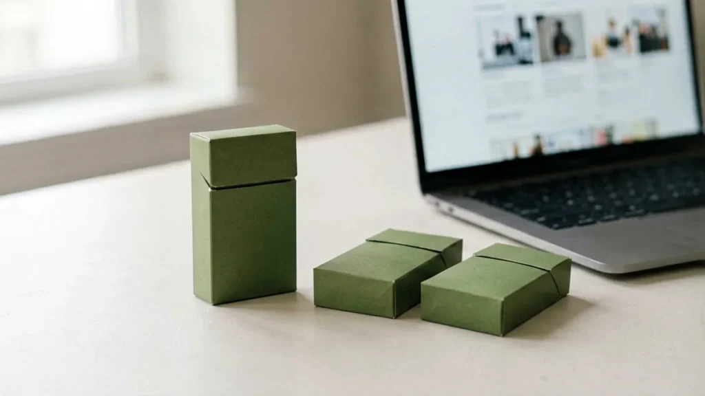 Plain olive-green cigarette carton and packs beside a laptop showing an out-of-focus product catalogue page