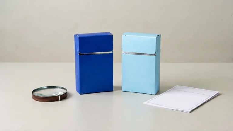 Two unbranded blue carton-shaped boxes beside a magnifying glass and blank comparison sheet