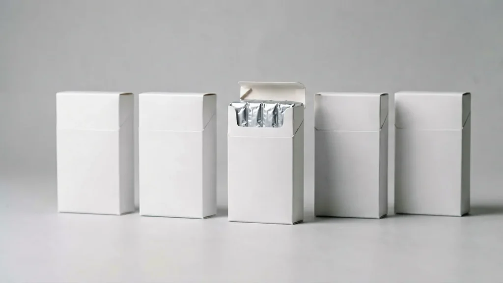 Plain unbranded cigarette carton boxes arranged on a light studio surface, illustrating how to compare carton listings