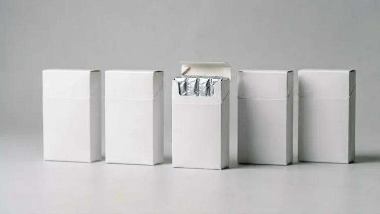 Plain unbranded cigarette carton boxes arranged on a light studio surface, illustrating how to compare carton listings