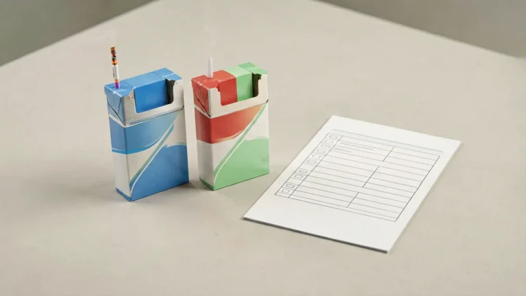 Unbranded carton-shaped packages and a catalogue record sheet on a desk