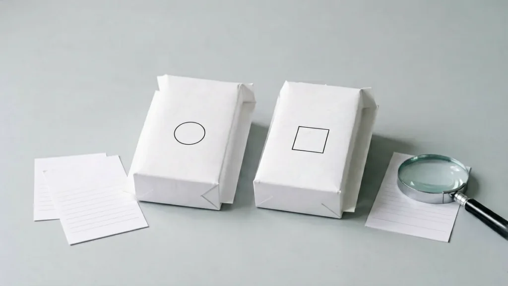 Two unbranded catalogue boxes beside index cards and a magnifying glass