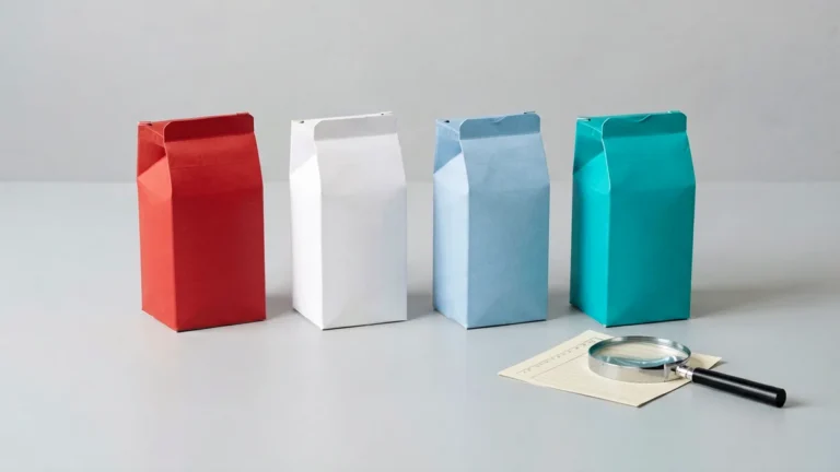 Four unbranded carton-shaped boxes beside a comparison checklist and magnifying glass