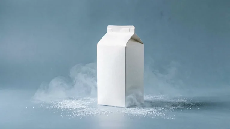 Plain unbranded white carton box with frost crystals and cool mist on a blue-grey studio surface
