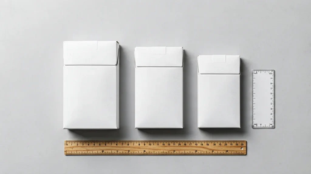 Plain unbranded white carton boxes of different lengths beside a wooden ruler and a blank size chart card on a light-gray surface
