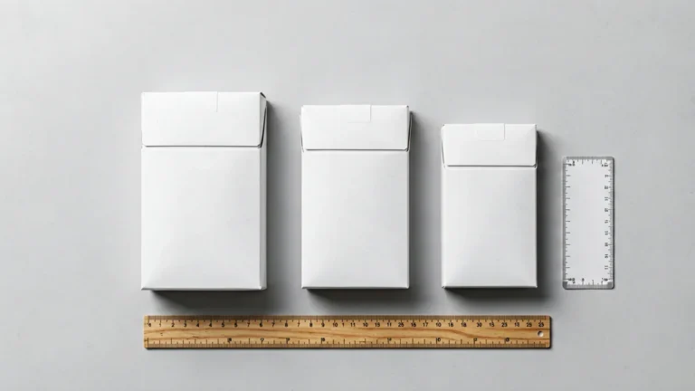Plain unbranded white carton boxes of different lengths beside a wooden ruler and a blank size chart card on a light-gray surface