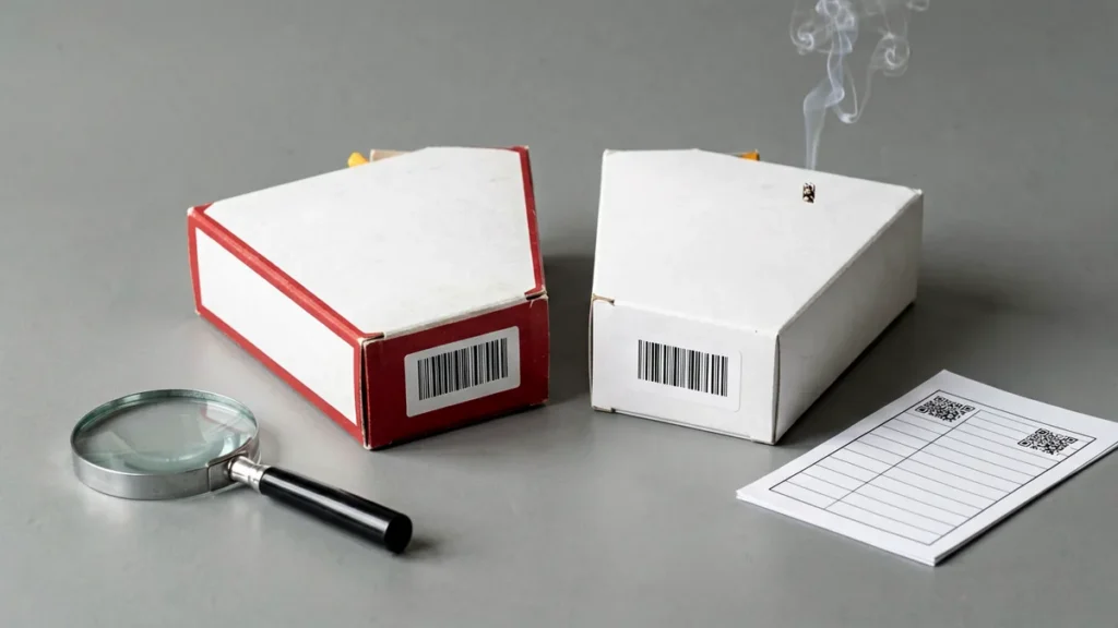 Two unbranded archive boxes and inventory cards arranged for a catalogue comparison