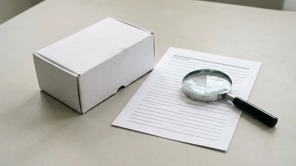 Unbranded white carton box, inventory sheet and magnifying glass on a desk
