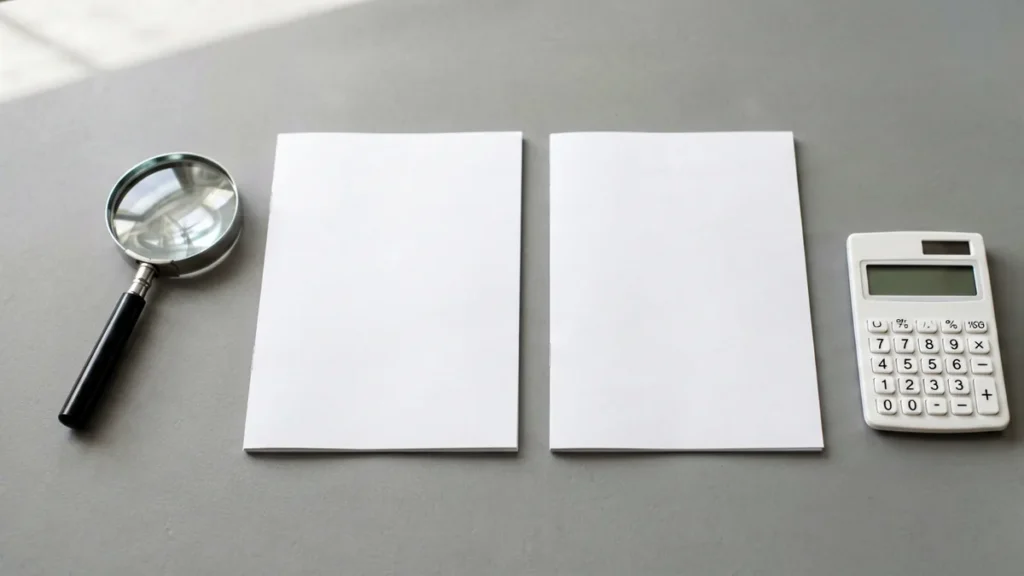 Two blank catalogue cards beside a magnifying glass and calculator on a grey desk