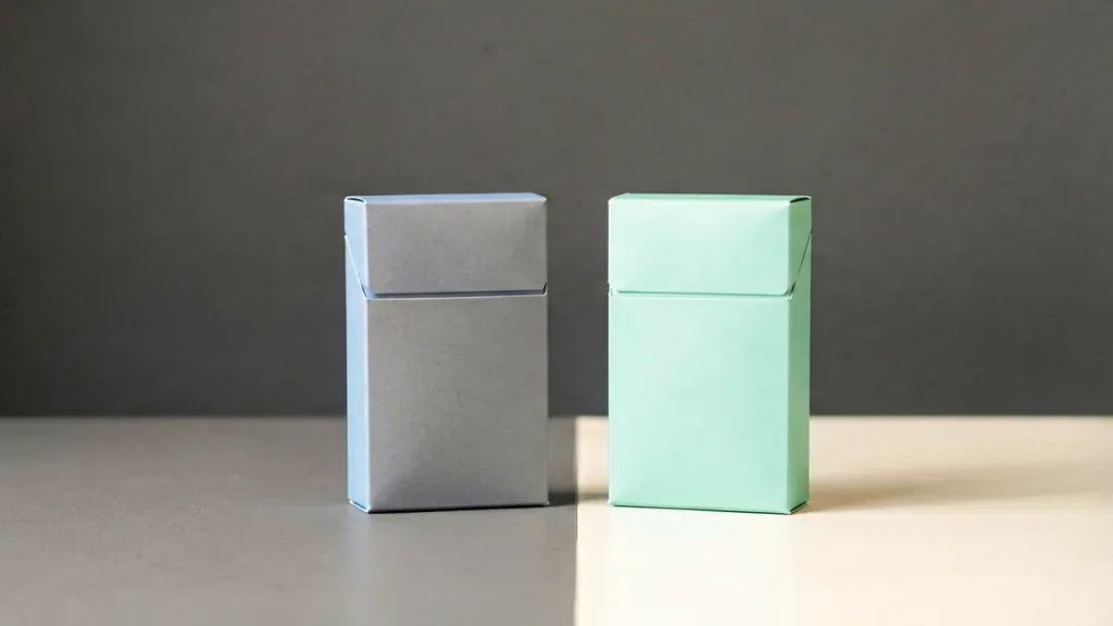 Unbranded studio comparison scene with two carton-shaped forms using cool blue and mint accents