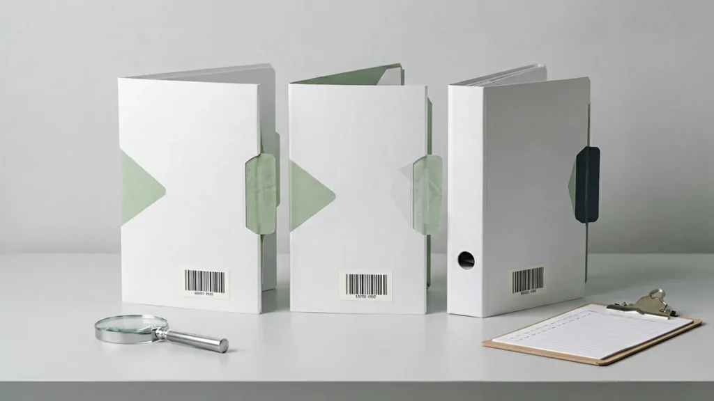 Three unbranded archival folders beside a magnifying glass and checklist on a light desk