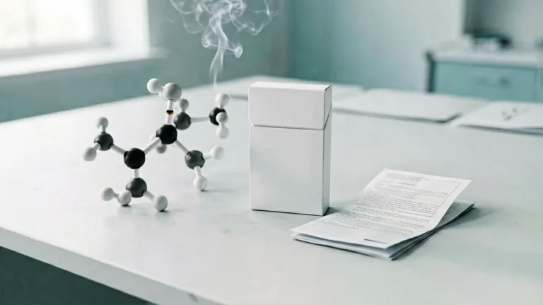 Molecular model beside a plain unbranded cigarette pack and folded information leaflet
