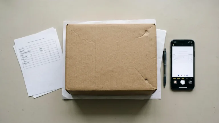 Unbranded parcel with a dented corner beside a blank checklist, pen and phone camera