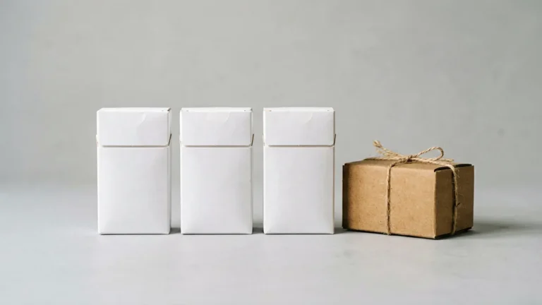 Three plain unbranded white carton boxes beside a small brown parcel on a light grey studio surface, illustrating an order after checkout