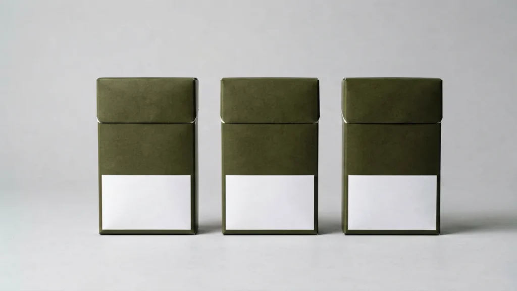 Three plain dark olive-brown cigarette packs without branding on a light grey surface