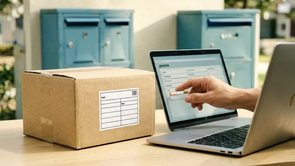 Cardboard parcel beside a blank address label, apartment mailbox and parcel locker