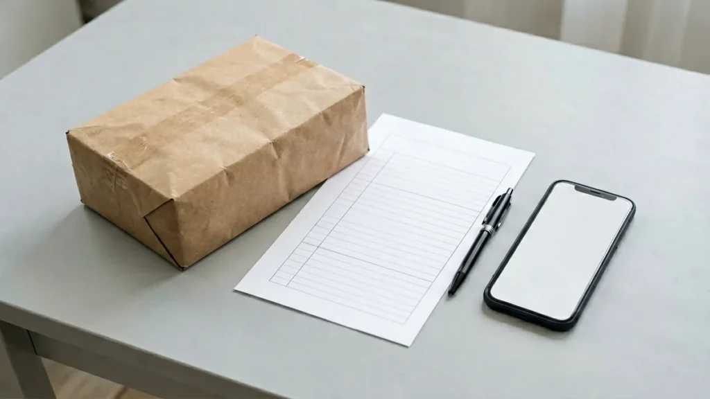 Unbranded parcel, blank checklist, pen and smartphone arranged on a desk