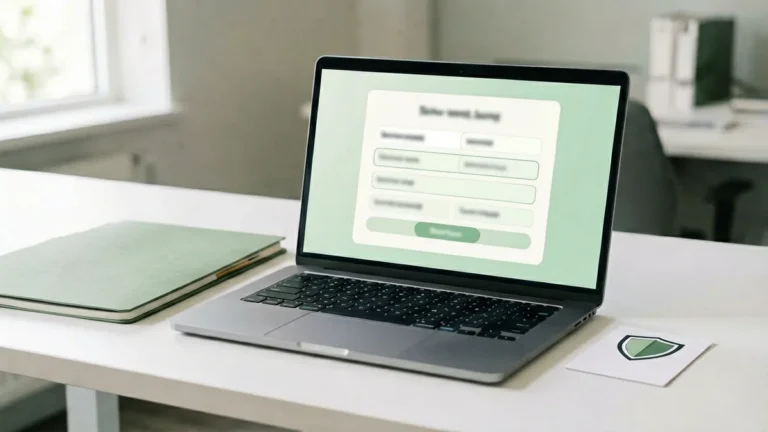 Laptop with an abstract contact form beside a privacy shield card on a desk