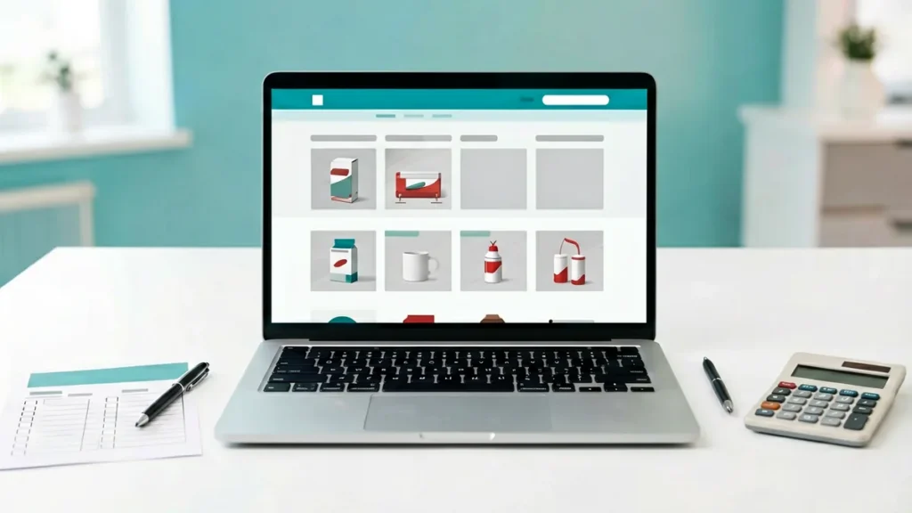 Unbranded laptop product page beside a checklist and calculator on a desk