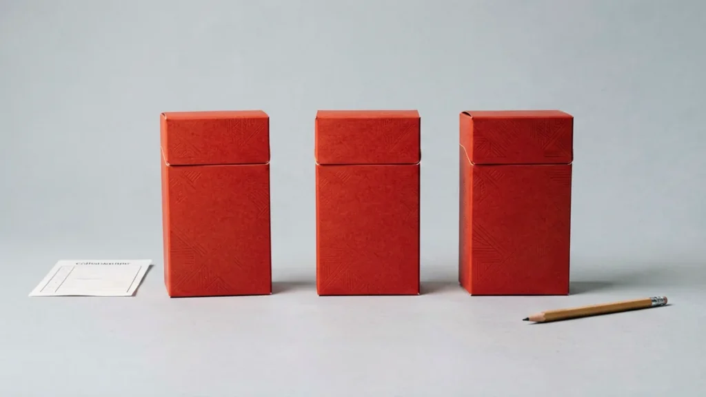 Three unbranded red carton shapes beside a comparison checklist