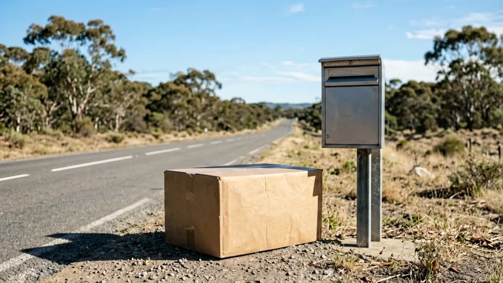 Unbranded parcel beside a rural Australian roadside mailbox
