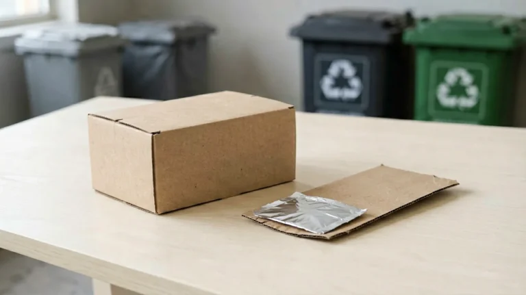 Separated plain paperboard and foil beside general waste and recycling bins