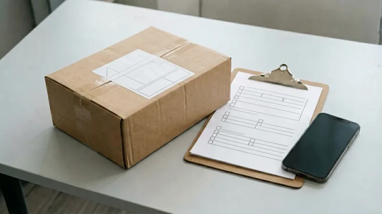Parcel and clipboard beside a smartphone for reviewing order details before checkout
